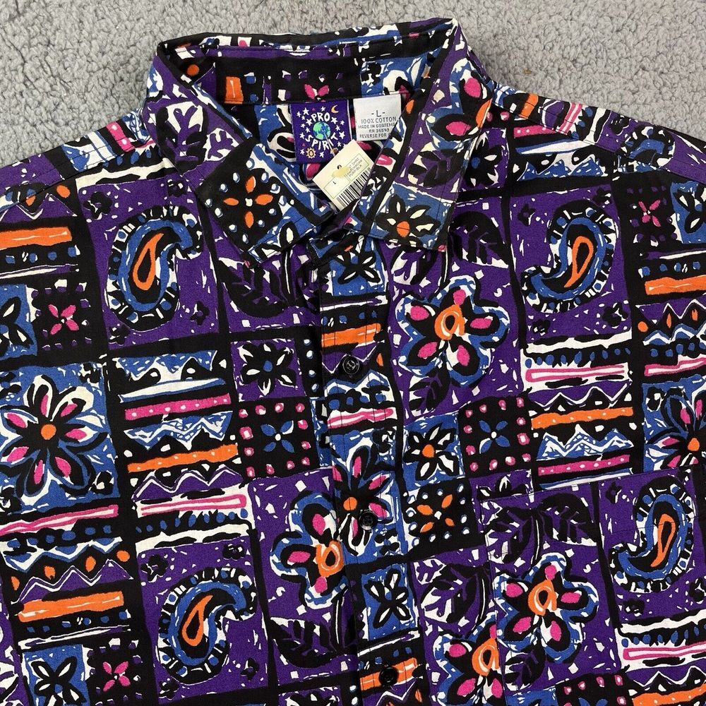 Vintage Pro Spirit Button Up‎ Shirt Multicolor Purple Black Men's L NOS